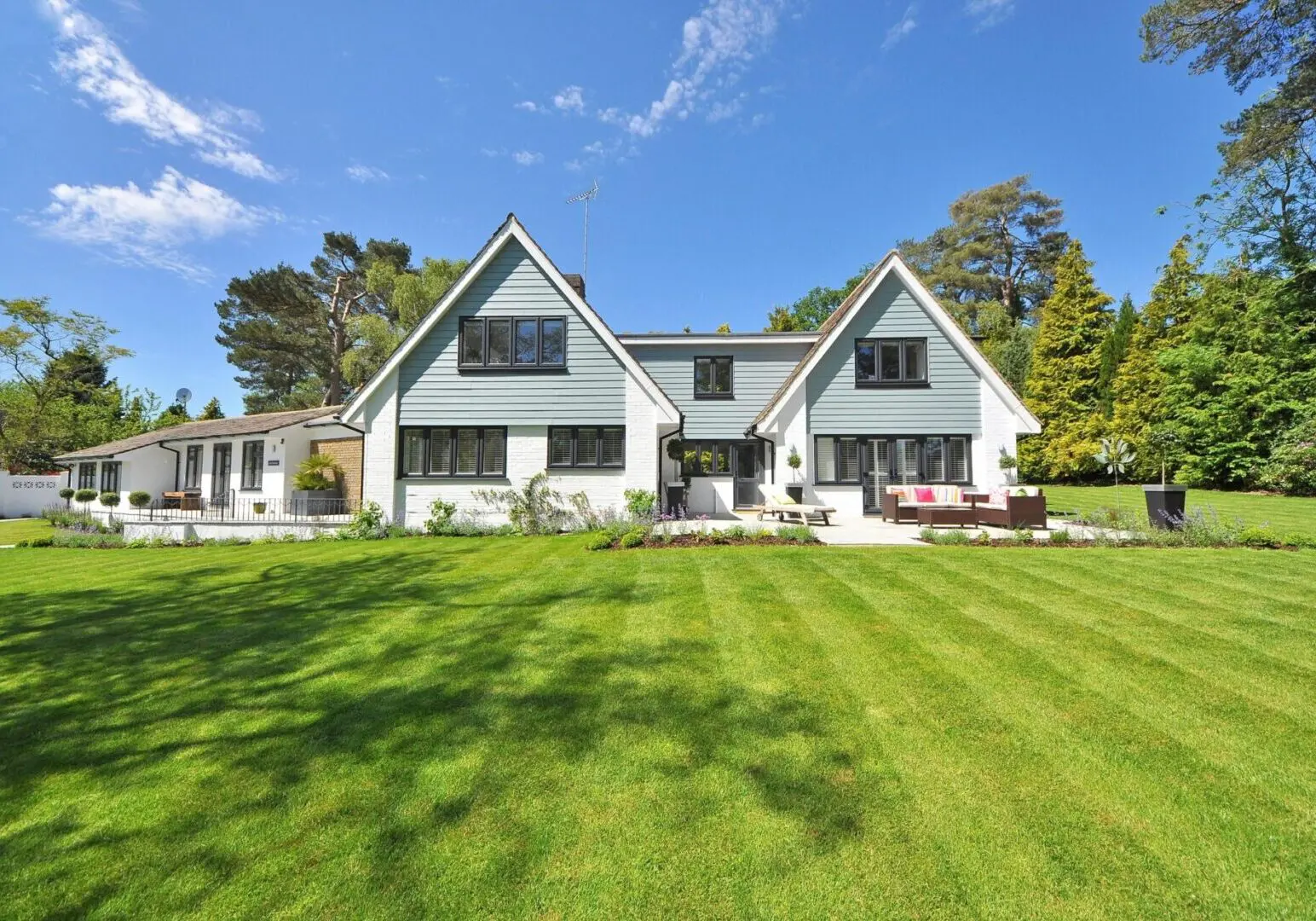 Modern house with large green lawn